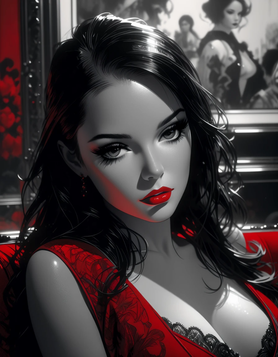 there is a woman with a heart shaped object in her hand, cleavage, thick lips, sie boob, portrait sophie mudd, thick red lips, 🤤 girl portrait, jaw-dropping beauty, large full lips, asian female, amouranth, deep red lips, sexy girl with dark complexion, sexy lips, jaw dropping beauty, sexy red lips