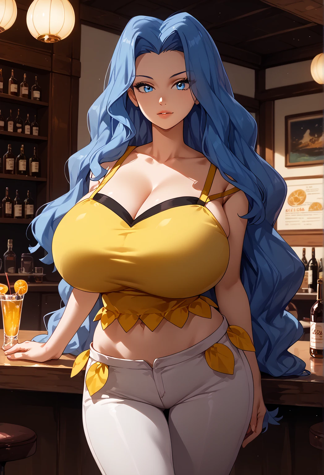 Perfect CG unity 8K UHD wallpaper, Perfect CG unity 8K UHD wallpaper, 1girl, solo, pkmnKaren, very long hair, blue hair, blue eyes, slim, hyper breasts, narrow waist, wide hips,yellow tank top, midriff, white pants, indoors, bar