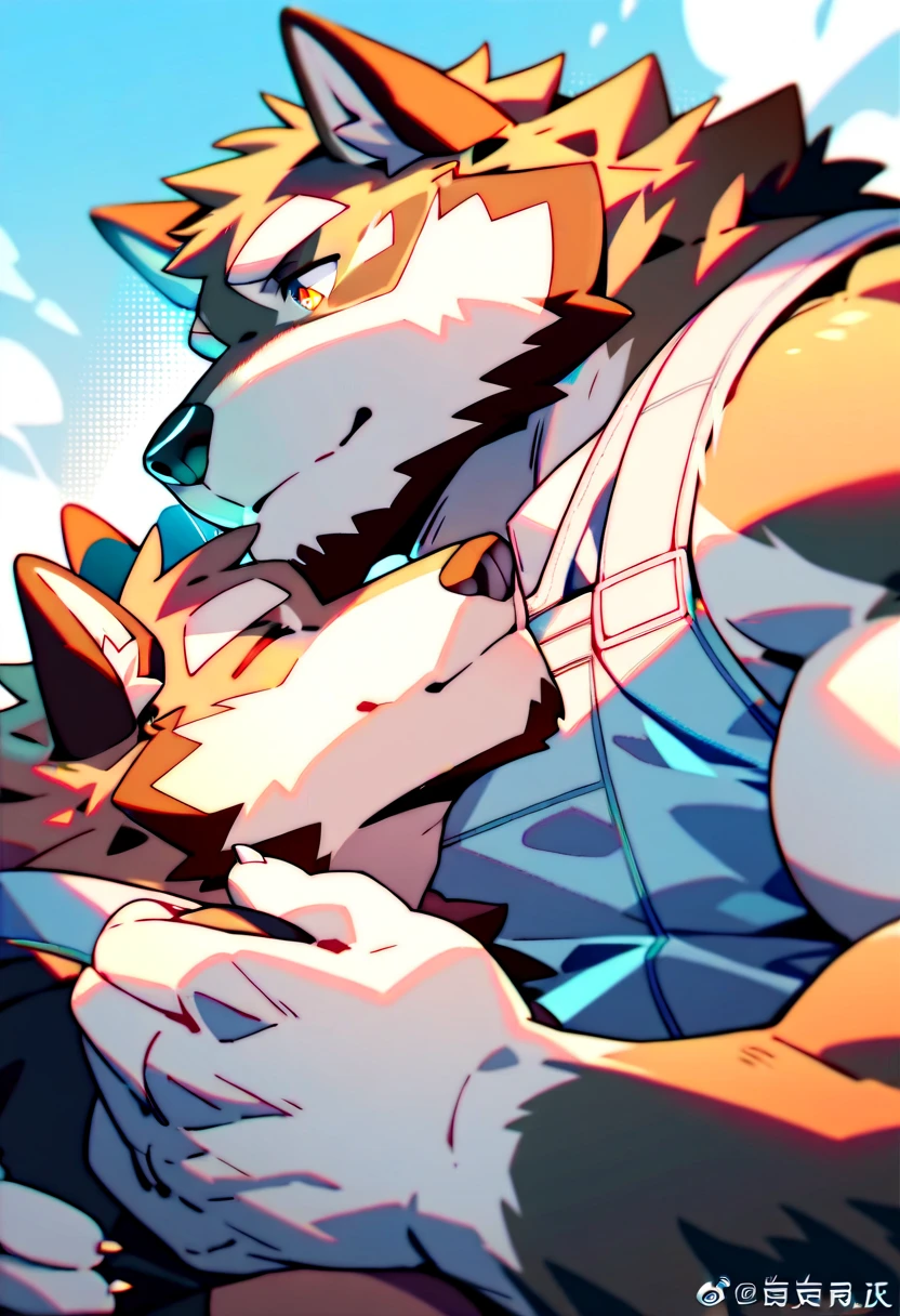 a wolf and bull furry couple kissing cutest, wolf and bull couple, furry muscle wolf short stature, tall muscle bearded bull, SFW, cool wear, high resolution, high quality, masterpiece 