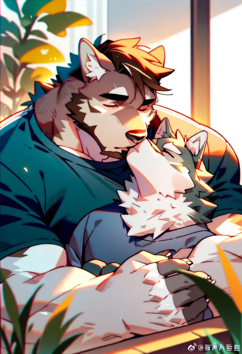 a wolf and bull furry couple kissing cutest, wolf and bull couple, furry muscle wolf short stature, tall muscle bearded bull, SFW, cool wear, high resolution, high quality, masterpiece 