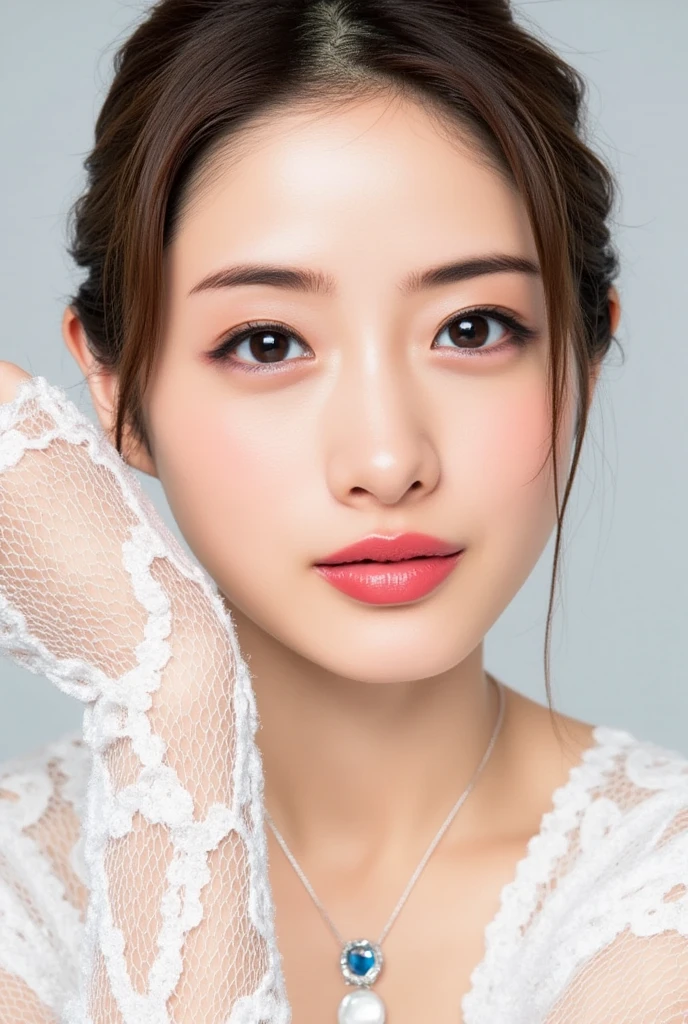 ( realistic , photo- realistic :1.4), (  best quality,  Masterpiece :1.2),  RAW photo ,  is high definition , Exquisite details,  very detailedな,  very detailedなな,  very detailed, delicate details, woman, Alone, (Dress Clothes  :1.5),( Small bust size:1.4),  Light Brown Eyes with Improved Film Writing Quality,  Necklaces  , gem, Long lace gloves, (close), Face close, cute, smile、