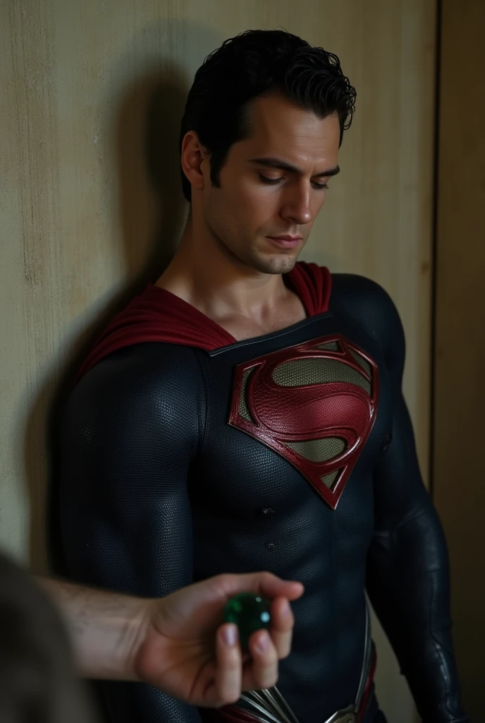 A muscular attractive h3nr4, Henry Cavil with Short stubble, strong physique, muscular thighs, wearing a Superman suit, leaning against a wall, looks weak and in pain, head down, with his eyes closed and nearly unconscious, another person's hand is holding on a small shiny green crystal