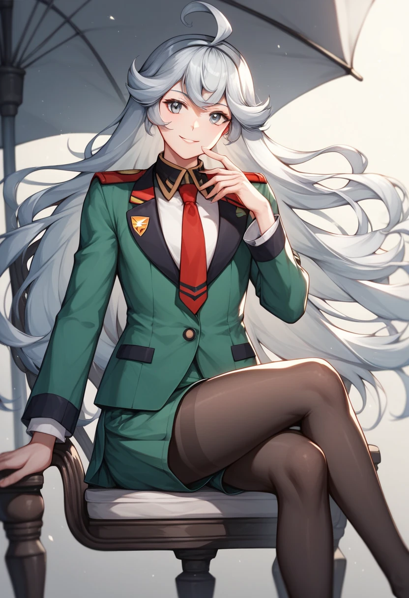 masterpiece, best quality, beautiful girl, white hair with green color inner, green eyes color, blue military uniform, mature_female, eyes glasses , white gloves, anime, blue military hat, very_long_hair, perfect body, red ribbon, commander, science_fiction, black knee-high boots, white pants, cowboy_shot , large_breasts, ultra-detailed, high quality, modern military uniform, sci-fi, dark blue Trench Coat, 1girl, 4k, military base ,perfect hands