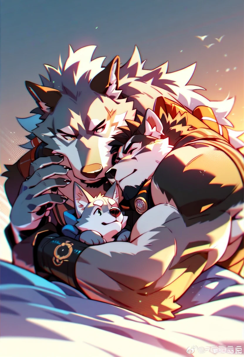 a wolf and bull kissing cutest, wolf and bull couple, furry muscle wolf short stature, tall muscle bearded bull, SFW, furry art, cool wear, high resolution, high quality, masterpiece 