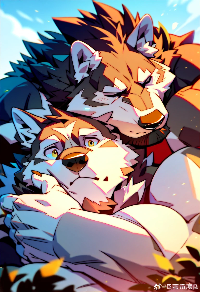 a wolf and bull kissing cutest, wolf and bull couple, furry muscle wolf short stature, tall muscle bearded bull, SFW, furry art, cool wear, high resolution, high quality, masterpiece 