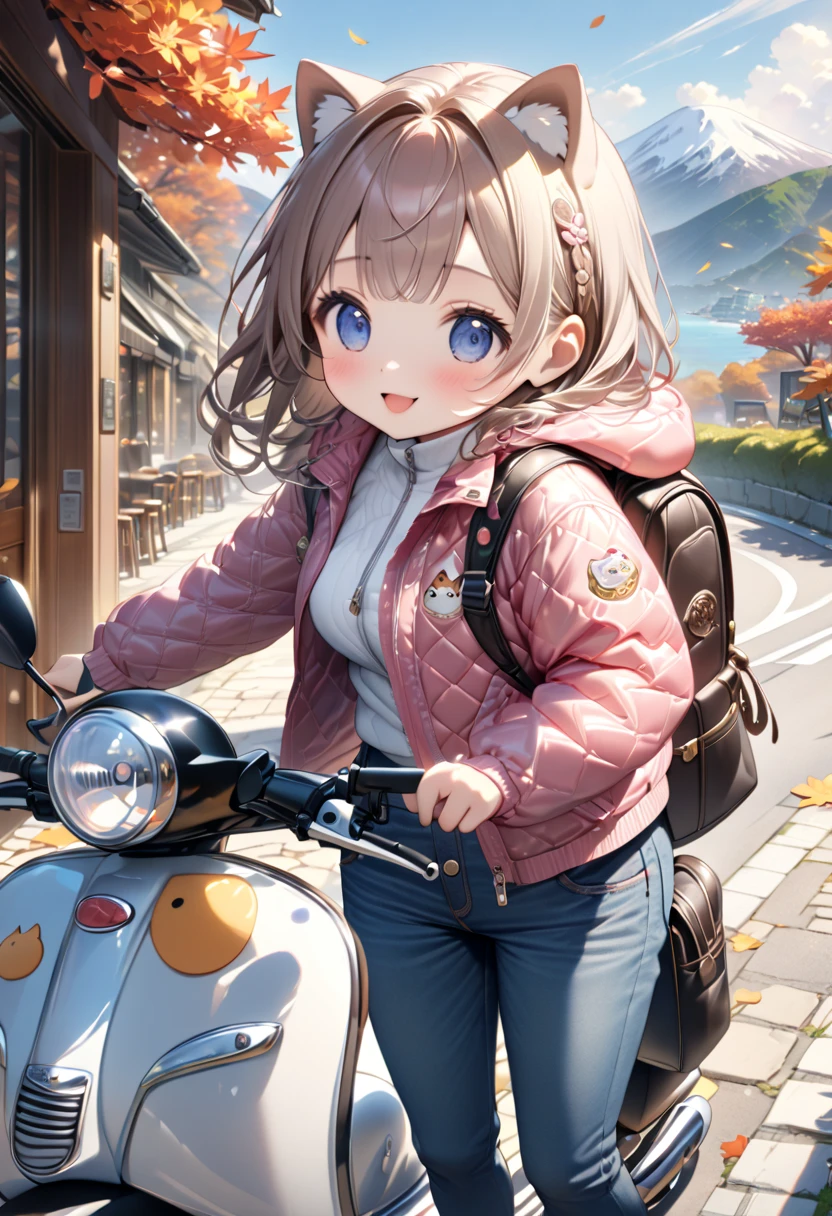 (masterpiece, ultra-detailed, best quality, clear focus, dramatic scene, cinematic), shadow, (ultra-high resolution, 8k), perfect anatomy, perfect face, (detailed face, detailed eye, chibi), cute Japanese chibi girl, famous Japanese chibi idol, very beautiful and cute and cool face, (wearing a cute rider's nylon jacket with jeans pants:1.3), (large breasts), (cute helmet), (She is about to ride a stylish scooter in front of a stylish cafe in the mountain:1.2), (A cute giant fat cat is hiding in her backpack and peeks out:1.3), (detailed cat:1.3), she looks so happy, beautiful autumn sunlight, amazing view of the ocean, beautiful autumn leaves