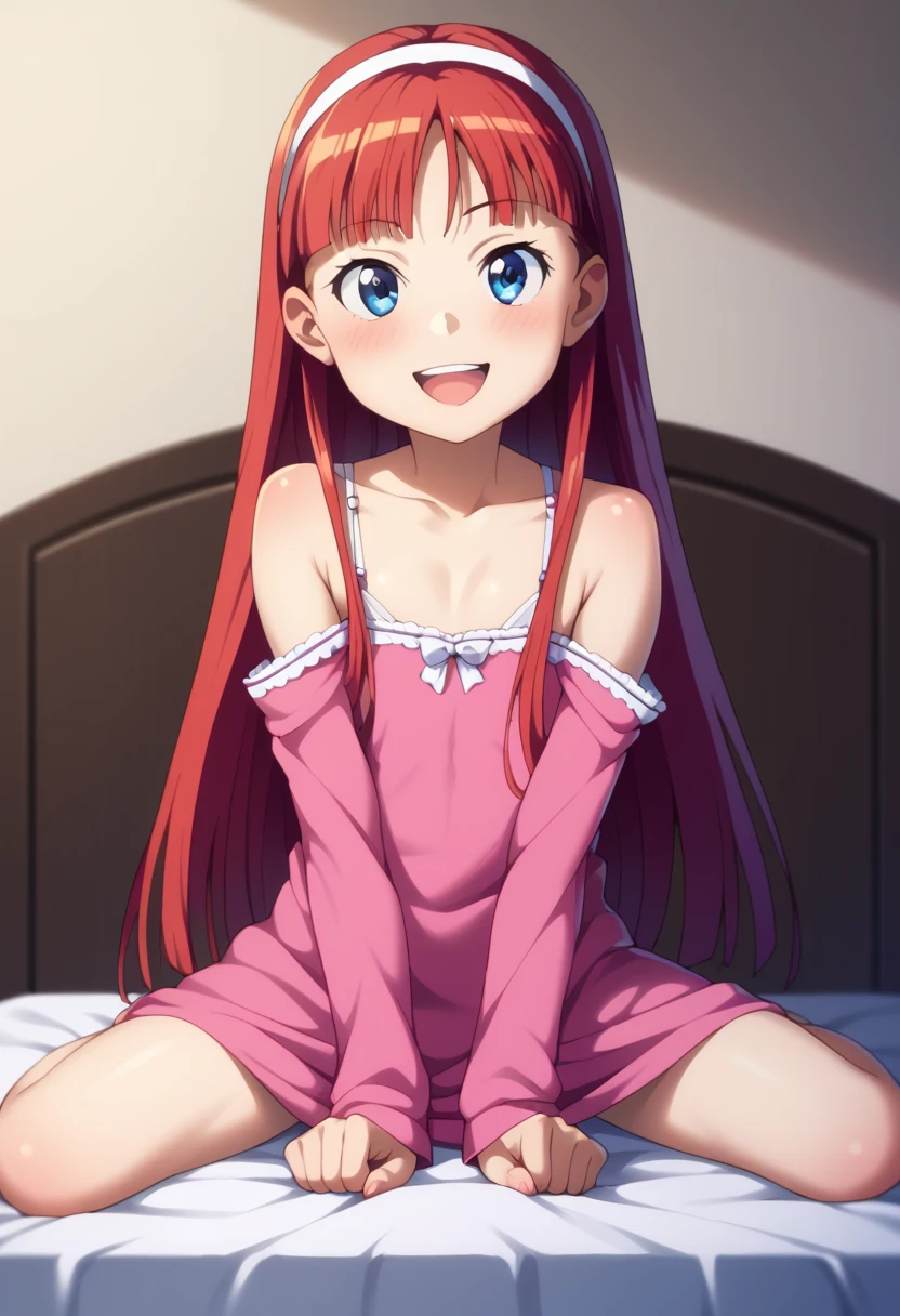 (( best quality)), ((masterpiece)), (be familiar with),  perfect face, indoor, bedroom,  viewer,
One woman,  Yukiko Aikina,
 open mouth,  ecstatic expression with hands in front of body, blush, smile,
 small ,  flat chested, Young girl, Lori,  kids,  girl,
 long hair,  Long Hair,
Leg spread,