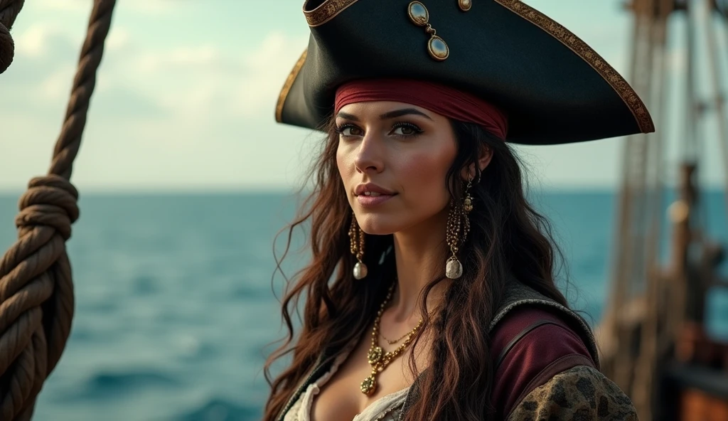 sexy pirate girl onboard a pirate ship with a head scarf, cleavage, sexy, exotic