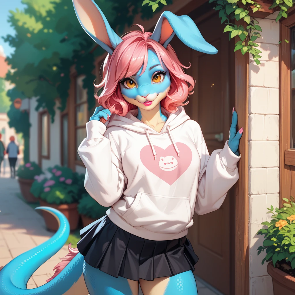 rabbit, furry,  dragon emblem hoodie,  short black skirt,  in the middle of a hill ,  big boobs, blue fur, curled pink hair , amber eyes, lipstick