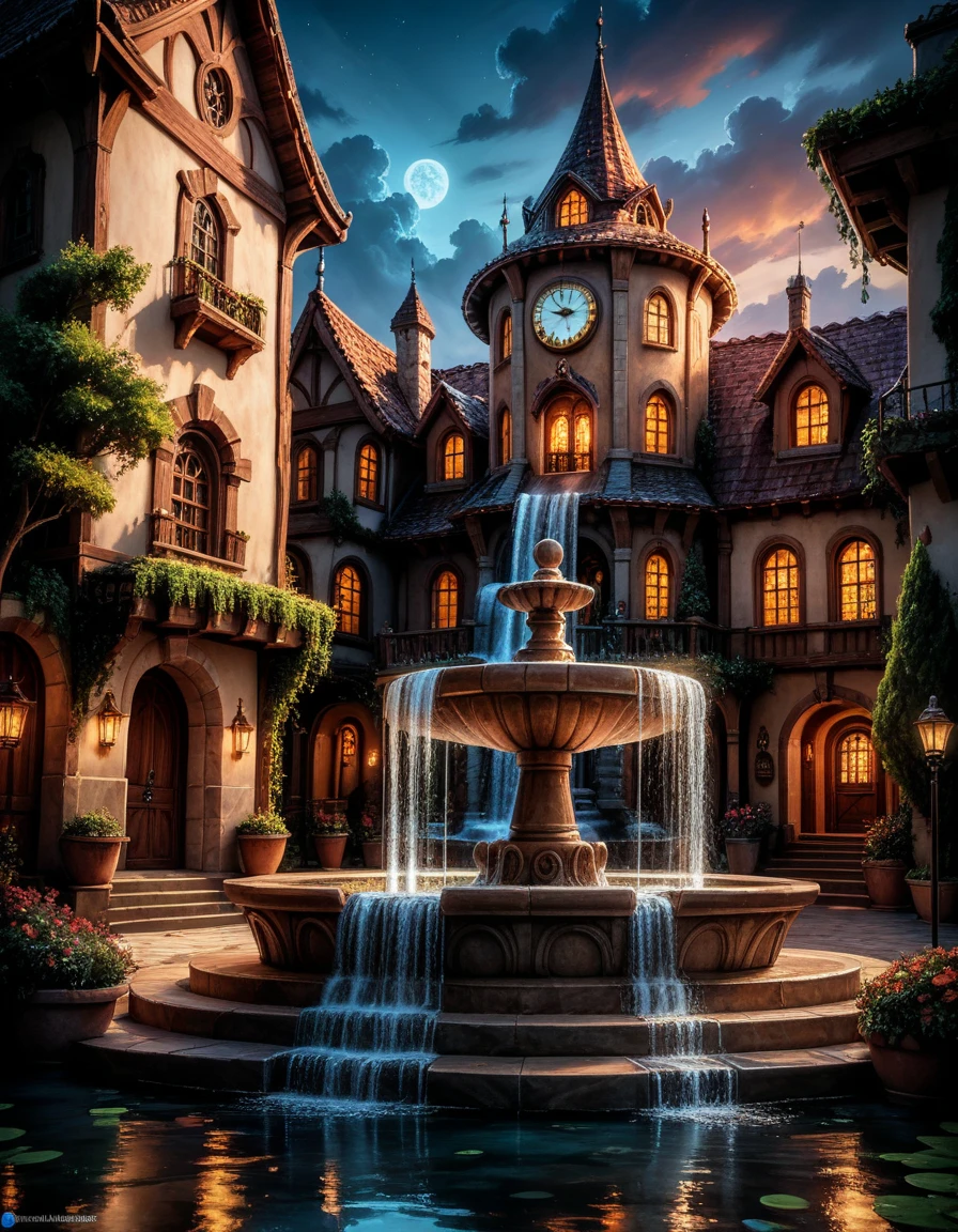  night scene of a large building with a clock tower and with a fountain,  cinematic overall plan ,  oil painting arcane dota pixar ,  while from Overwatch ,  ultra-sharp focus .  visual effects ,  atmospheric overall plan ,  detailed cinematic shot ,  environment art ,  Realistic setting frame , Film Environment Design,  Beautiful and cinematic lighting , pixar render ,  3d matte painting rendering , cinematic beautiful sunset lighting,  realistic image, masterpiece,  artwork ,  hyperrealistic, rendering ,  realistic physical rendering ,  photorealistic rendering ,  highly detailed ,  high-quality render ,  architectural rendering ,  very realistic 3D render ,  realistic image