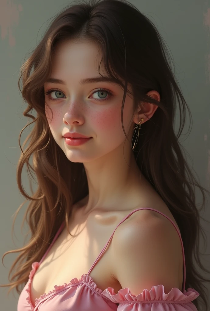1girl, beautiful teenage girl, very small breasts, short wavy brown hair, portrait, oil painting, modern, realistic proportions, intricate, intricate details, sharp focus