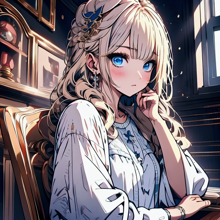 （（ best quality） anime style、luxury、 upper body）Girl with a sleepy face、Blonde、Nightwear、Young lady、 sitting on a chair 、（luxuryな） in the room、morning、 light shines in through a window、 front、（Body） to the back right、Blue Eyes、