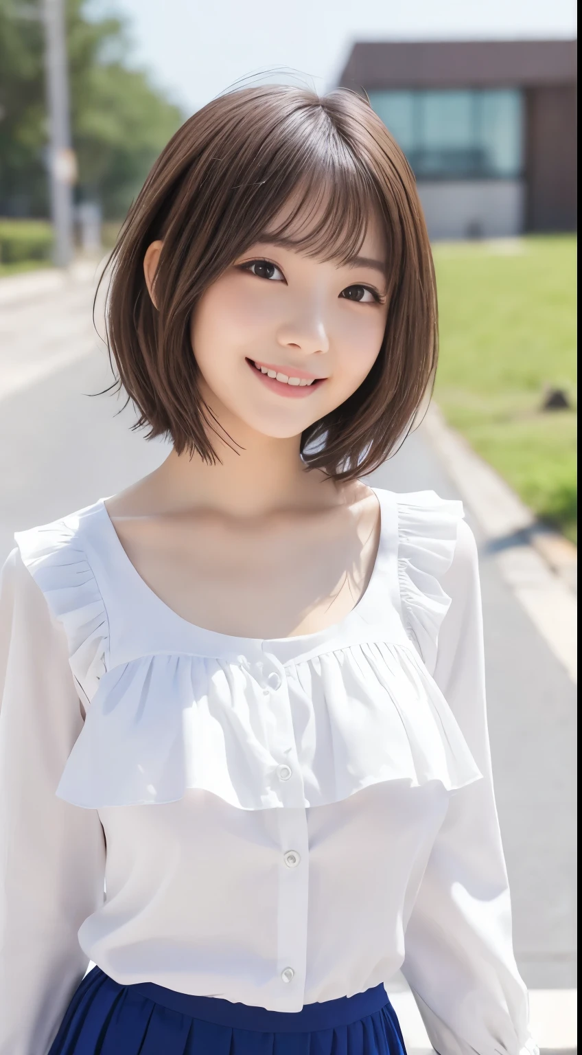 .................,, In front of school、 skirt、white long-sleeved shirt with ruffles on the chest、格子柄 skirt、On, , sakimichan,, cute and cute, , nice smile, sakimichan hdri、Lori、 boobs、Beautiful breasts 、,(Big Breasts:1.20),(:1)、 brown hair、 brown hairの髪、、 shorthair、Cute pose、 closes her mouth