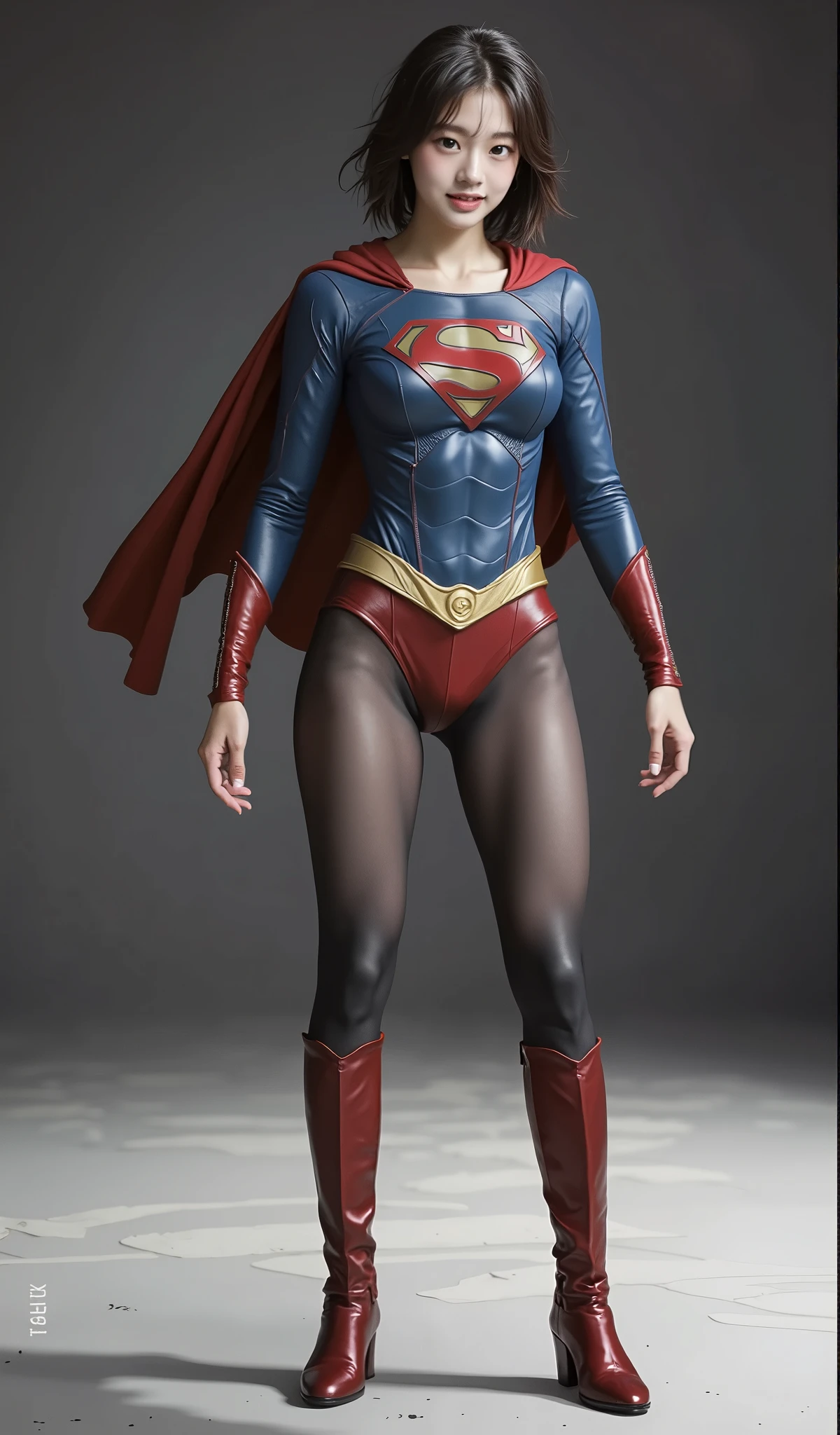 No background、(((Beautiful legs in black tights.)))、(((Legally express the beauty of your smile)))、((((Make the most of your original images)))、(((Supergirl Costume)))、(((Beautiful Hair)))、(((suffering)))、(((Please wear black tights....、Wear red boots)))、((Best image quality、8k))、((highest quality、8k、masterpiece:1.3))、(((Preserve background )))、Sharp focus:1.2、Beautiful woman with perfect figure:1.4、Slim Abs:1.2、Wet body:1.5、Highly detailed face and skin texture、8k