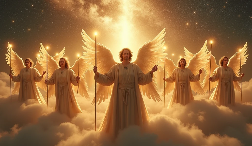 7 male angels with golden cups in their hands and the earth beneath them