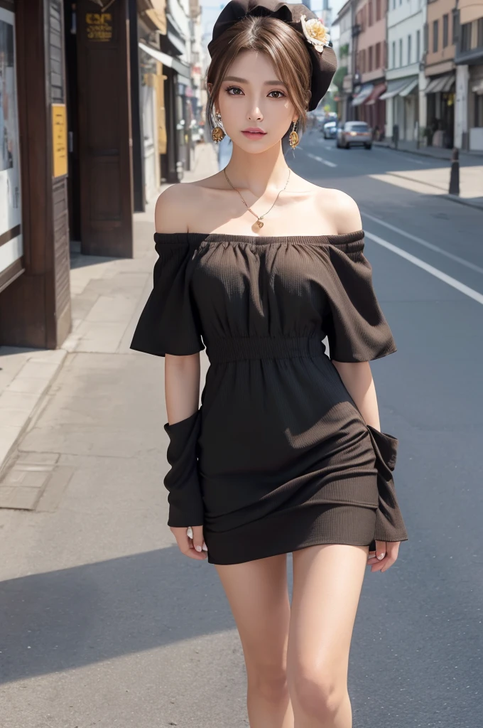 25-year-old Caucasian woman、platinum blonde、blue eyes、semi-long、my hair is wavy、accessories on the wrist、slim muscular body、I don&#39;t want my head to disappear from the screen.、wearing a bolero、wearing an off-shoulder dress、I&#39;m punching my chest、I&#39;m wearing a hair band、wearing stockings、I'm wearing pin heels、I&#39;m on a subway station platform in New York、smile