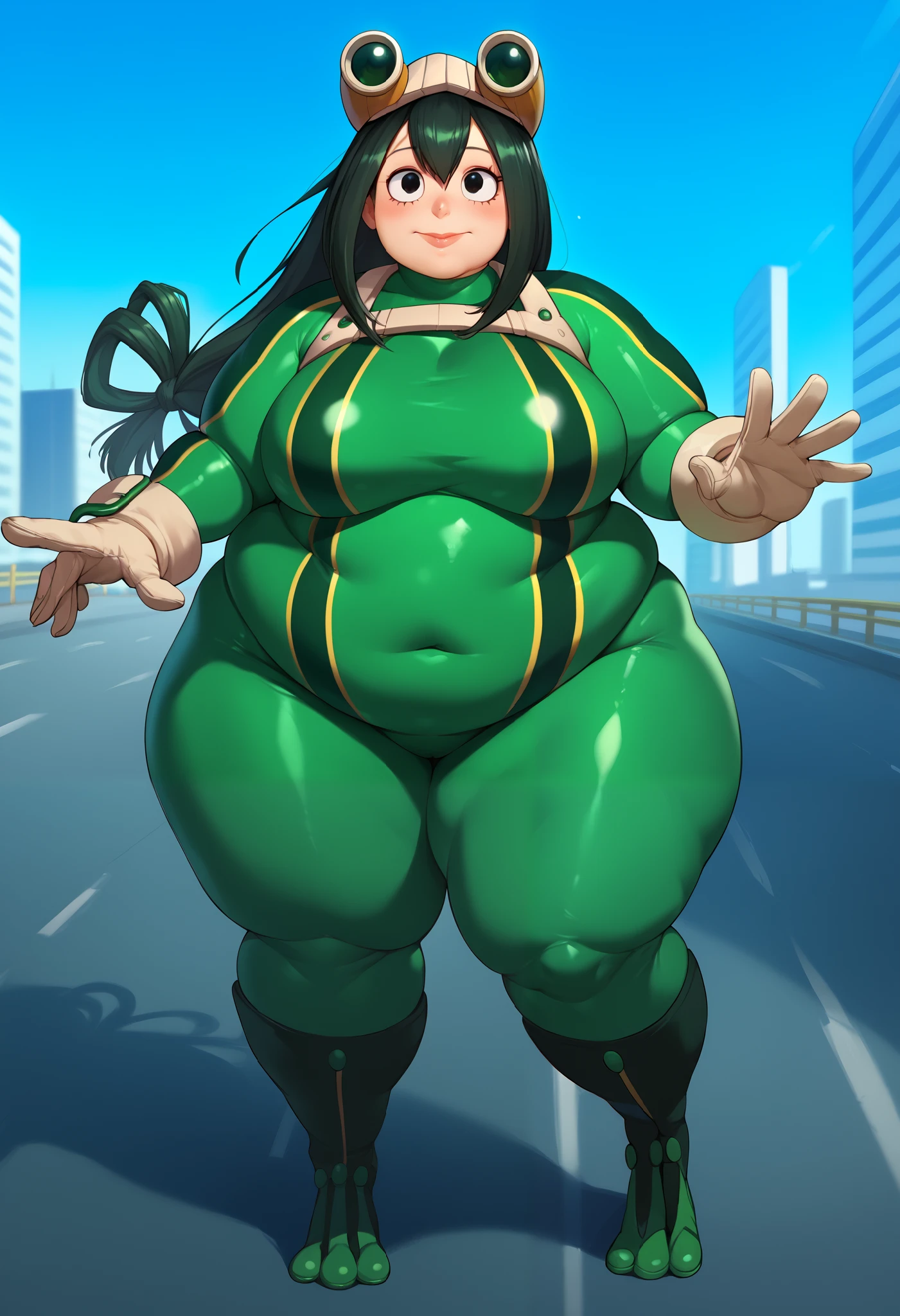 score_9_up, score_8_up, score_7_up,score_6_up, score_5_up, score_4_up, ,1girl, solo, bodysuit, skin tight, superhero, BREAK asui tsuyu, black eyes, black hair, bodysuit, boku no hero academia, breasts, frog girl, gloves, goggles, green bodysuit, long hair, sexy, BREAK flirting, cowboy shot, city background, fat, chubby, obese, full body shot 