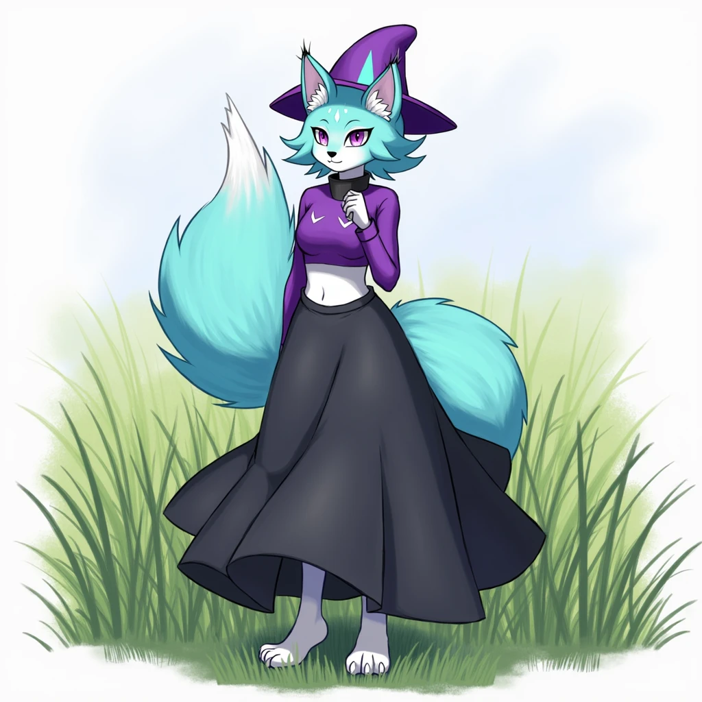 Female, Mobian, Dragon, fluffy purple and white fur, black and light teal attire, blue eyes