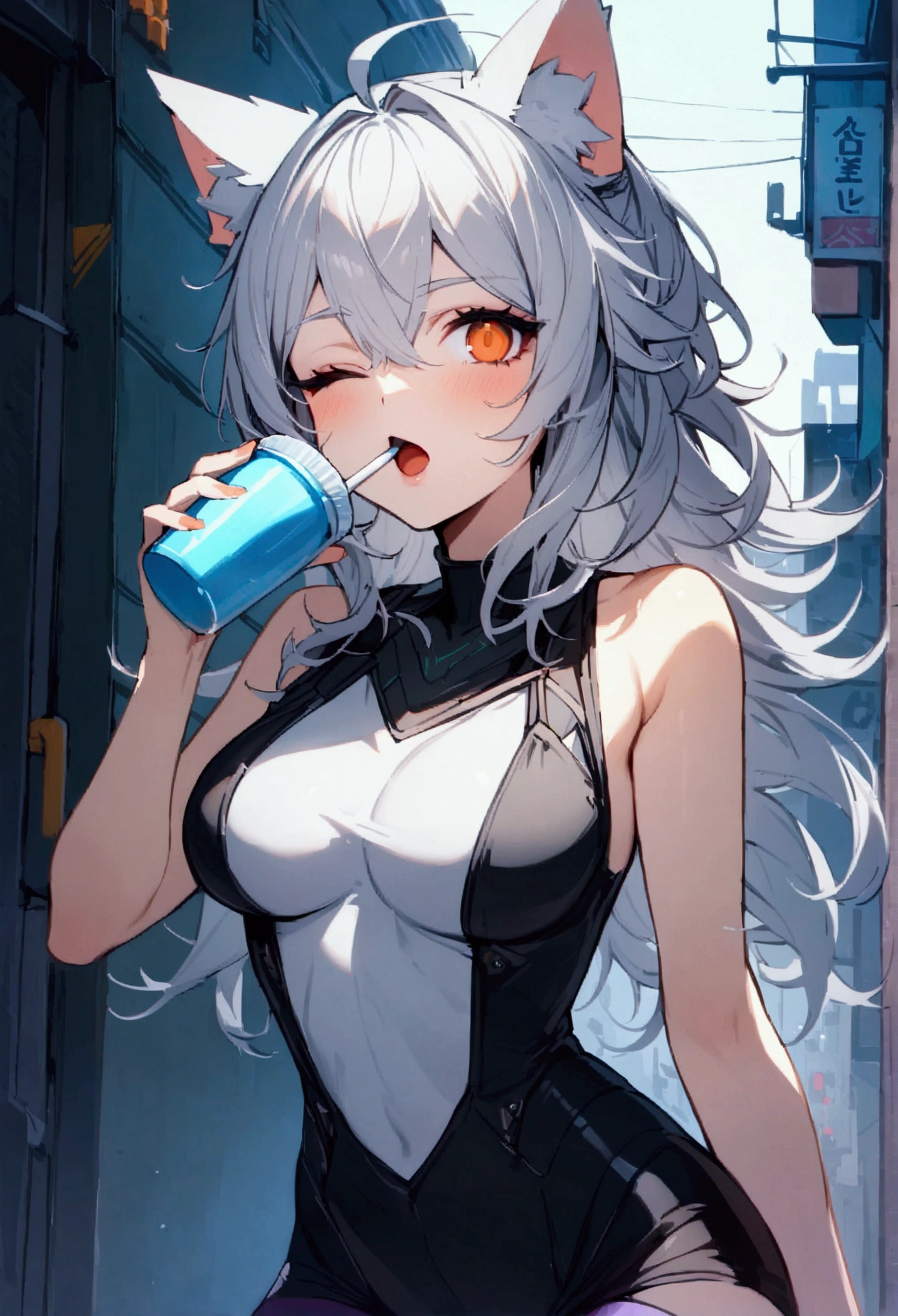 ultra-detailed,(best quality),((masterpiece)),(highres),original,extremely,<lora:jingliux_xl:1>,jingliu, 1girl, breasts, red eyes, solo, looking at viewer, long hair, holding, large breasts, choker, black choker, cleavage, blush, upper body, grey hair, collarbone, shirt, eyes visible through hair, black shirt, photo background, off shoulder, bangs, outdoors, ponytail, bottle, hair between eyes, open mouth, cup, disposable cup, scrunchie, holding cup, holding bottle, parted lips, sidelocks