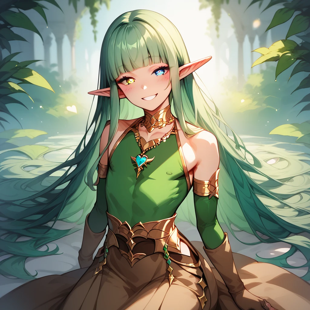 1boy, Solo, Looking At Viewer, Long Pointy Ears, Elf Ears, Long Hair, Hime Cut, Green Hair, Heterochromia, Gold Eye, Pale Blue Eye, Heart Shaped Pupils, Petite, Smile, Blush, Green silk Long Sleeve Shirt, Long Brown Skirt, Long Skirt, Brown Gloves, Brown Arm Warmers, Golden Necklaces, Rings, 