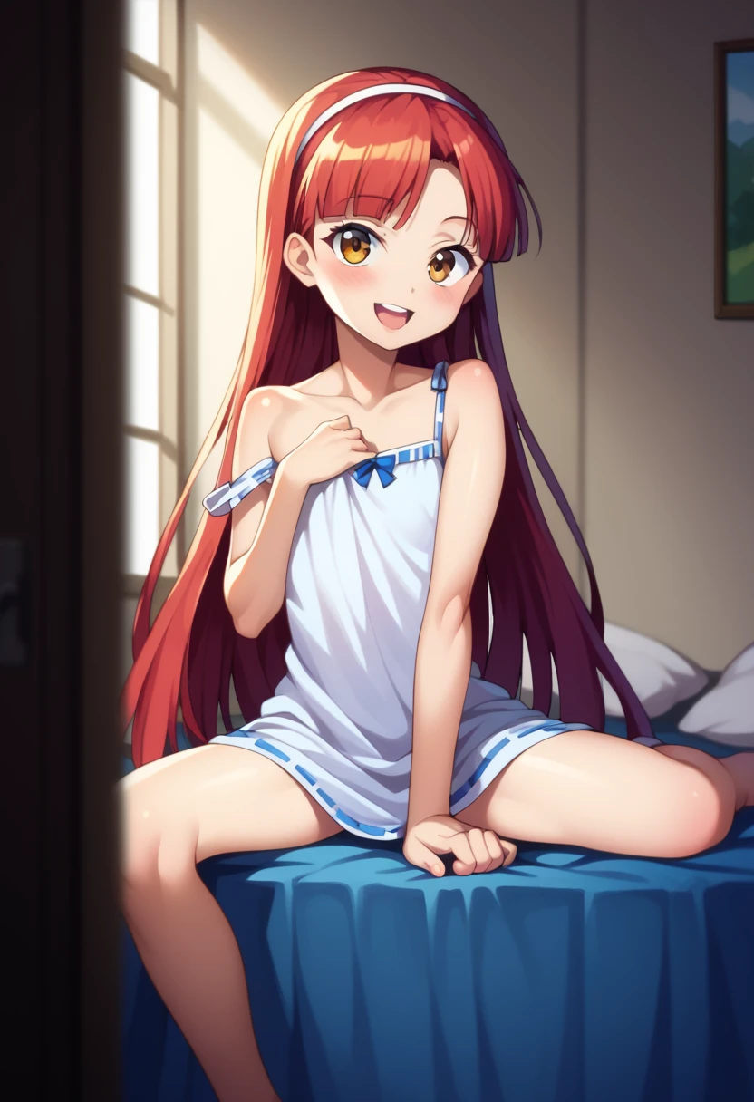 (( best quality)), ((masterpiece)), (be familiar with),  perfect face, indoor, bedroom,  viewer,
One woman,  Yukiko Aikina,
 open mouth,  ecstatic expression with hands in front of body, blush, smile,
 small ,  flat chested, Young girl, Lori,  kids,  girl,
 long hair,  Long Hair,
Leg spread,