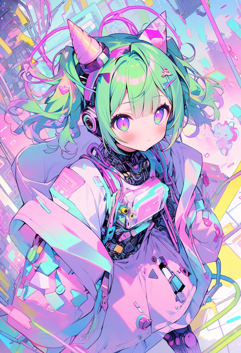   one girl, Decora,   dynamic angle, Breathtaking, the above, Mandatory Distance Law ,   oversized jacket,  cat ears , green hair, Unicorn horn, Cybergoth-inspired  , cutetech,   pastel colors  , cute, cute色, SF,   reel mechanism  ,   cyborg, Robot parts, Cables and Wires, Microchip, , cute,   color palette  : green,   purple  ,   pink　gem　  Christmas