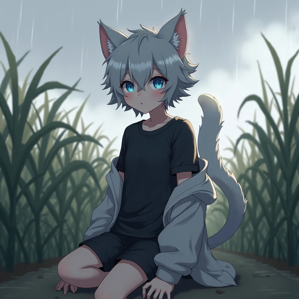 Short white hair ,alone, 1 person, In the Forest at Noon, Above a puddle, Long trousers(below the knees),the tail is fluffy, hoodie，Shota,Grab the tail and look at it with interest., Black knee-high boots,With heels,bondage,anal sex with tentacles,Panting,Crouching,shortness of breath,Embarrassed face,Tongue out,Smartphone in your right hand,Stepping on the penis with heels