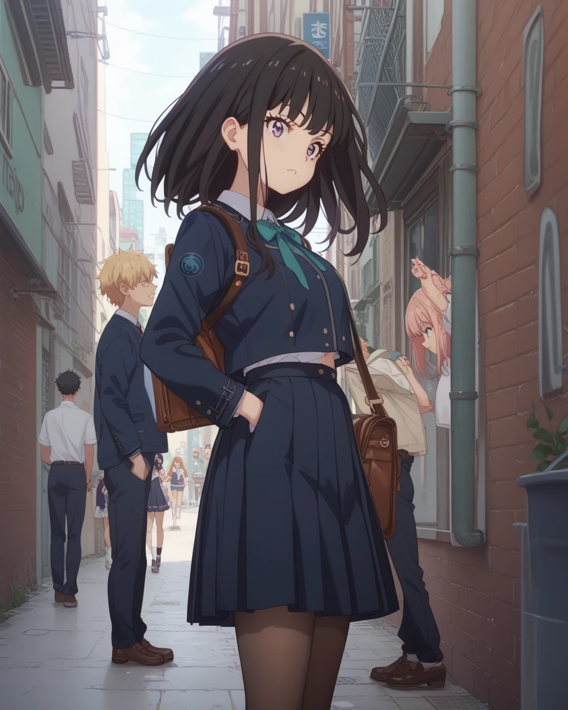 masterpiece、 High Quality 、( 1 girl), Takina Inoue, Inoue Takina, Lycoris Recoil,  black hair long, Sharp Eye、 school uniform、pantyhose、((public)), ((bustling street)), (alley)