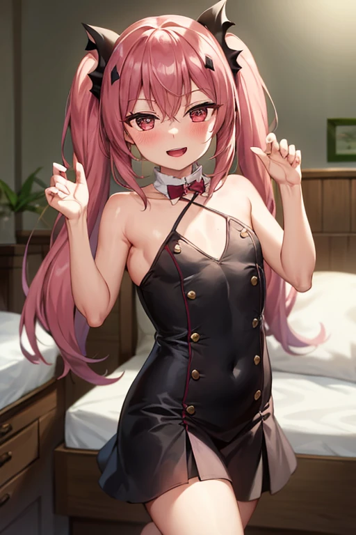 (( best quality)), ((masterpiece)), (be familiar with),  perfect face, indoor, bedroom,  viewer,
One woman, Krull Tepesi ,
 open mouth,  ecstatic expression with hands in front of body, blush, smile,
 small ,  flat chested, Young girl, Lori,  kids,  girl,
 long hair,  twin tails,
Leg spread,