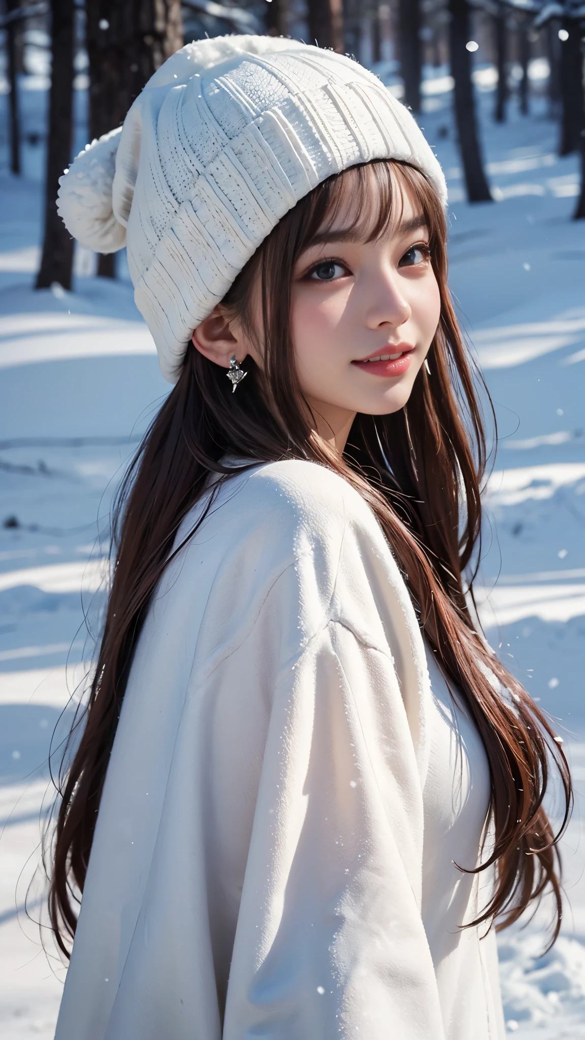 generally, 1 girl , Alone, long hair, watch viewers, smile, brown hair, have , gem, Brown Eyes , upper body, Outdoor, earrings for a woman alone, open lips, dark eyes, from side, comments, lips, white headwear, snow, white comments, snowing, pink lips, realistic , stud earrings for a woman alone, Beanie, hair behind ears , winter clothes, winter, winter comments