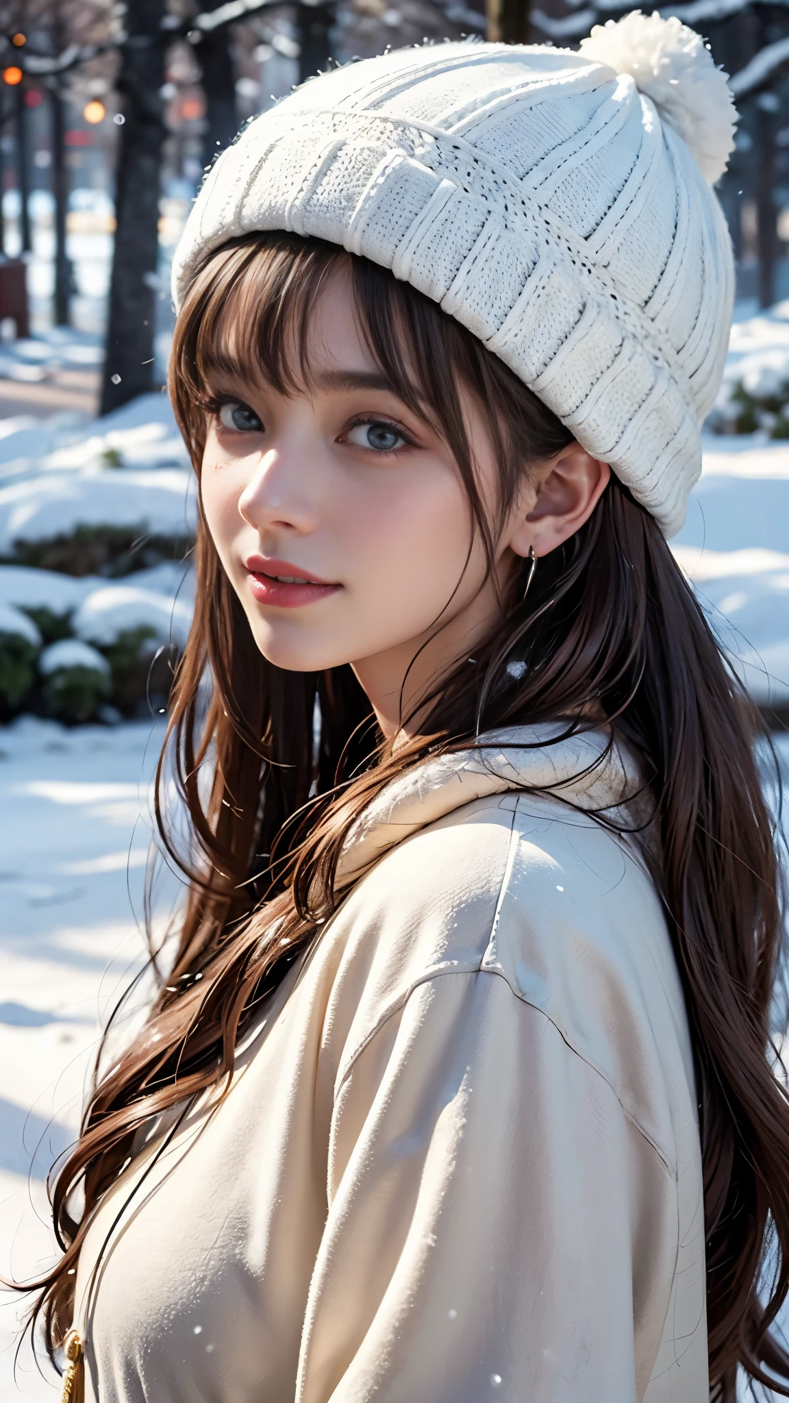 generally, 1 girl , Alone, long hair, watch viewers, smile, brown hair, have , gem, Brown Eyes , upper body, Outdoor, earrings for a woman alone, open lips, dark eyes, from side, comments, lips, white headwear, snow, white comments, snowing, pink lips, realistic , stud earrings for a woman alone, Beanie, hair behind ears , winter clothes, winter, winter comments