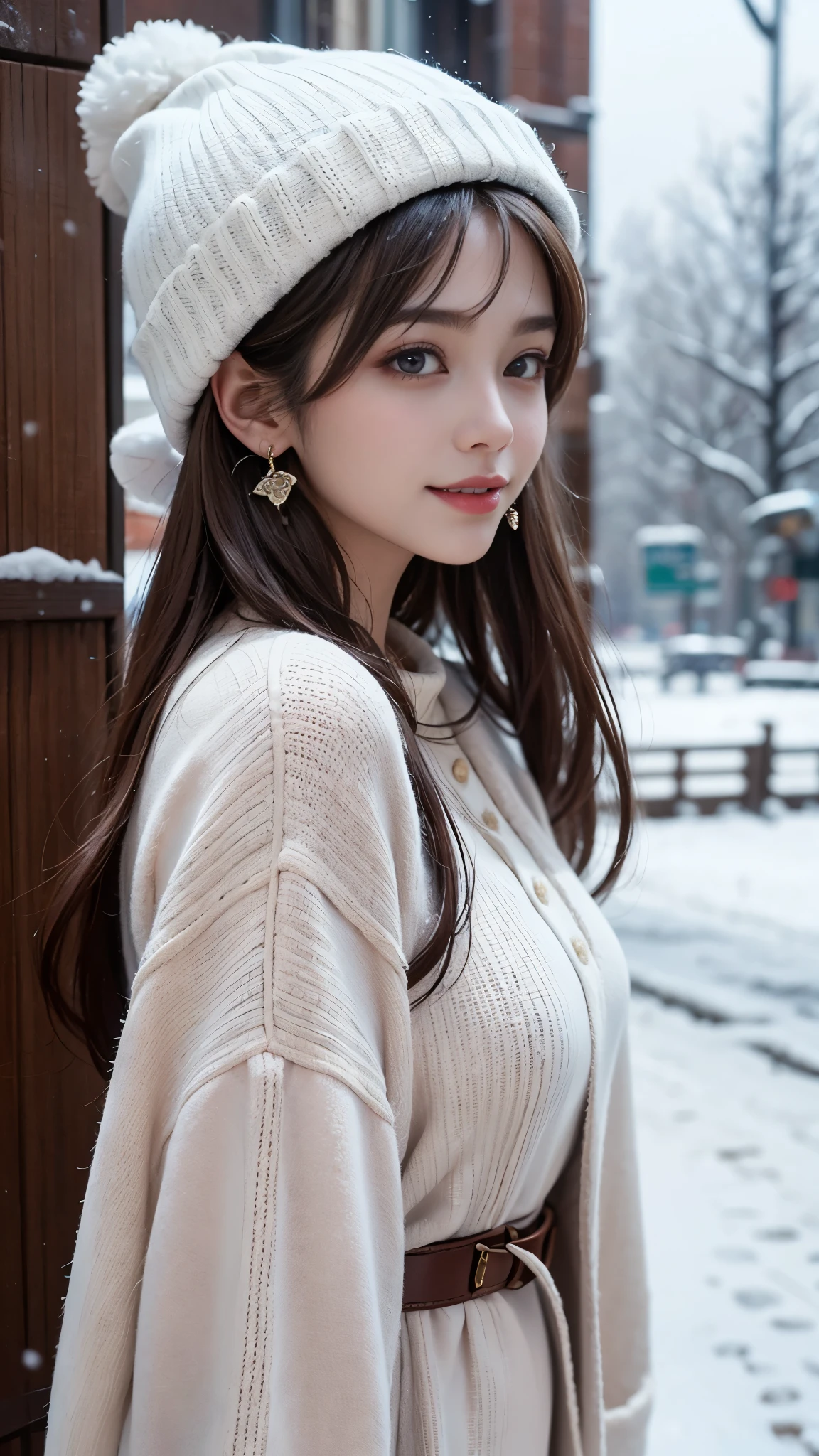 generally, 1 girl , Alone, long hair, watch viewers, smile, brown hair, have , gem, Brown Eyes , upper body, Outdoor, earrings for a woman alone, open lips, dark eyes, from side, comments, lips, white headwear, snow, white comments, snowing, pink lips, realistic , stud earrings for a woman alone, Beanie, hair behind ears , winter clothes, winter, winter comments