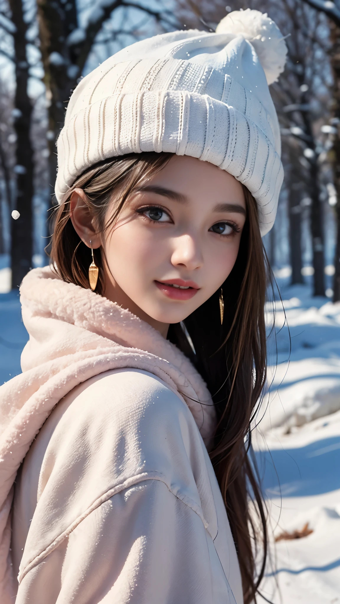 generally, 1 girl , Alone, long hair, watch viewers, smile, brown hair, have , gem, Brown Eyes , upper body, Outdoor, earrings for a woman alone, open lips, dark eyes, from side, comments, lips, white headwear, snow, white comments, snowing, pink lips, realistic , stud earrings for a woman alone, Beanie, hair behind ears , winter clothes, winter, winter comments