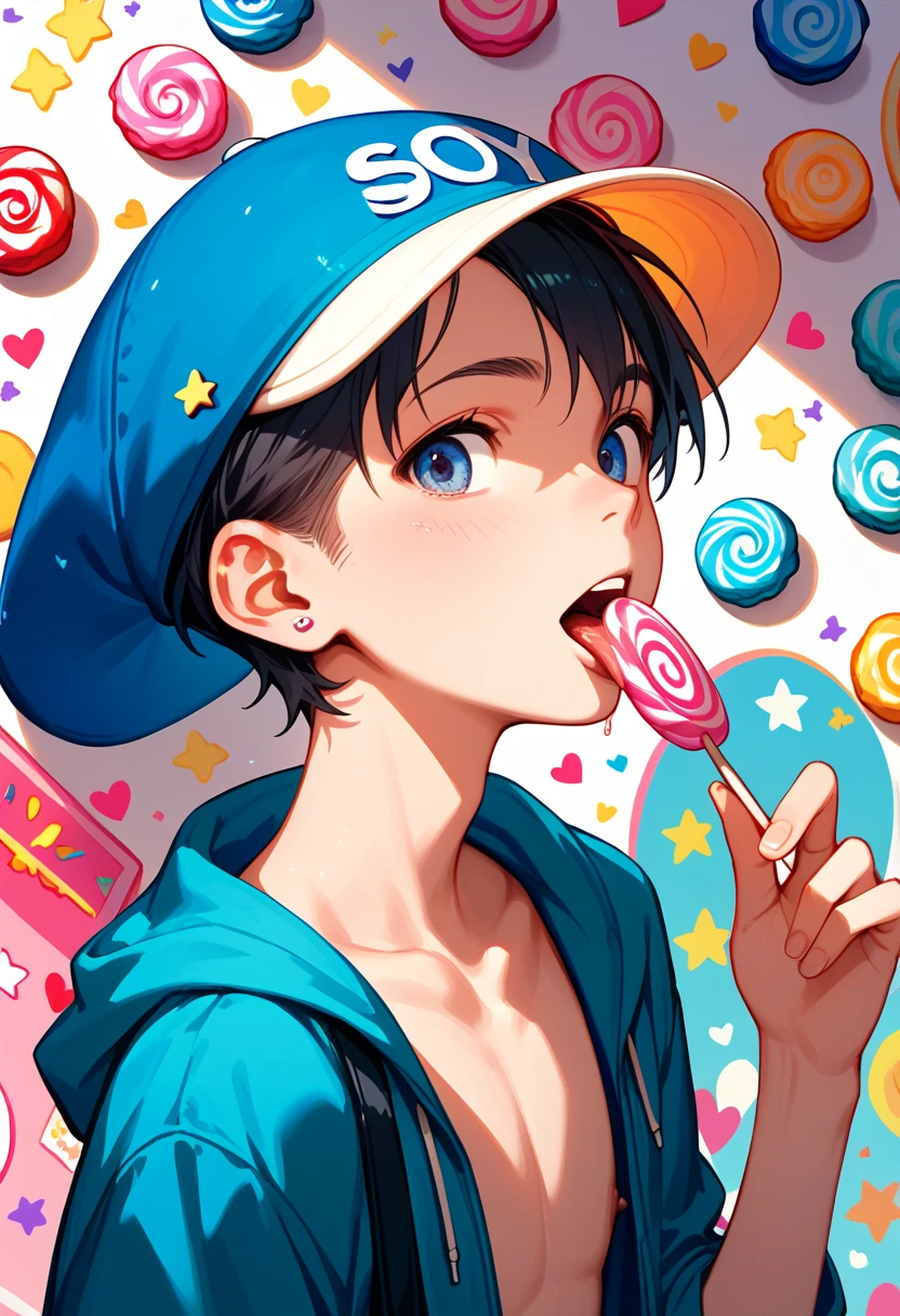 Boy 18yo on candy shop, anime,  shirtless, slim, licking  lollypop, candies on background 