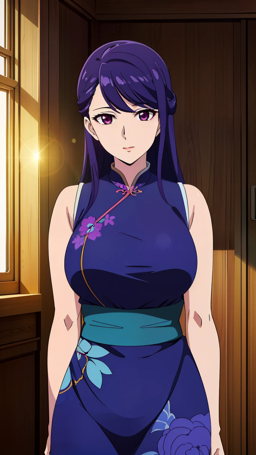 rifa,1 girl, (purple eyes, purple hair), bangs, long hair,(nsfw, floral patterned cheongsam, sleeveless), 
20 years, young woman, beautiful long legs, beautiful body, (big breasts:1,0), 
beautiful nose, beautiful character design, perfect eye, perfect face, expressive eye, perfect balance,
View your audience, (Focus on her face), (Innocent_big_eye:1.0),
Anime art style, Dynamic Angle, Official Art, Very detailed CG Unity 8k wallpaper, Perfect lighting, colorful, bright_front_face_Lighting, White skin,
(masterpiece:1.0),(Highest_quality:1.0), 超High resolution, 4K, Very detailed,
photograph, 8k, high resolution, high resolution, (Absurd:1.2), Kodak Portrait 400, Film Grain,  Lens flare, (Vibrant_color:1.2), Professional Photograph,
(cowboy shot:1.4),