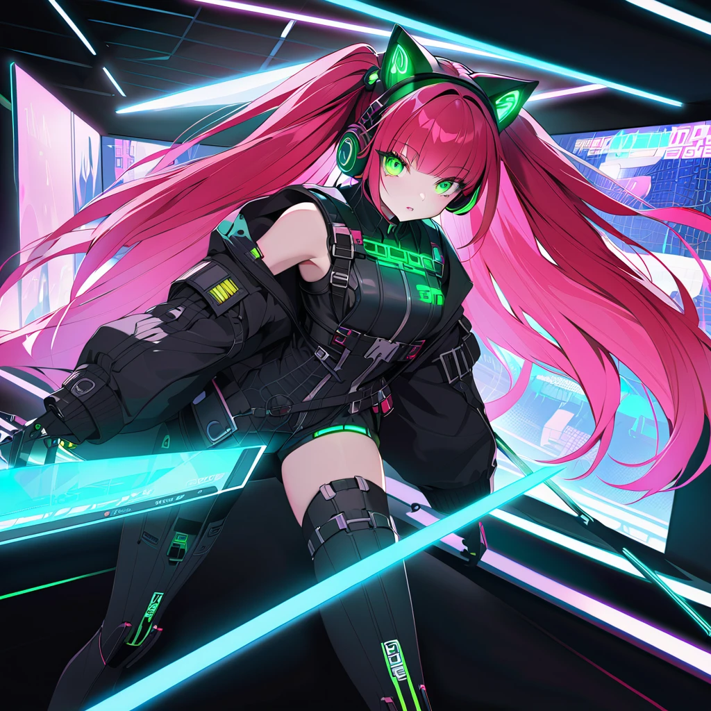 (8K, best quality, master piece:1.2),super high resolution,cyberpunk,1 android girl,solo,**yo,ultra-detailed face,ultra-detailed eyes,brown eyes,long hair,straight hair,red hair,cat ear headphones,(cyberpunk,lolita fashion:1.2),school tights,gothic boots,fullbody,Dynamic Pose,expressionless,Green neon lights,through Electronic Billboard,in the air