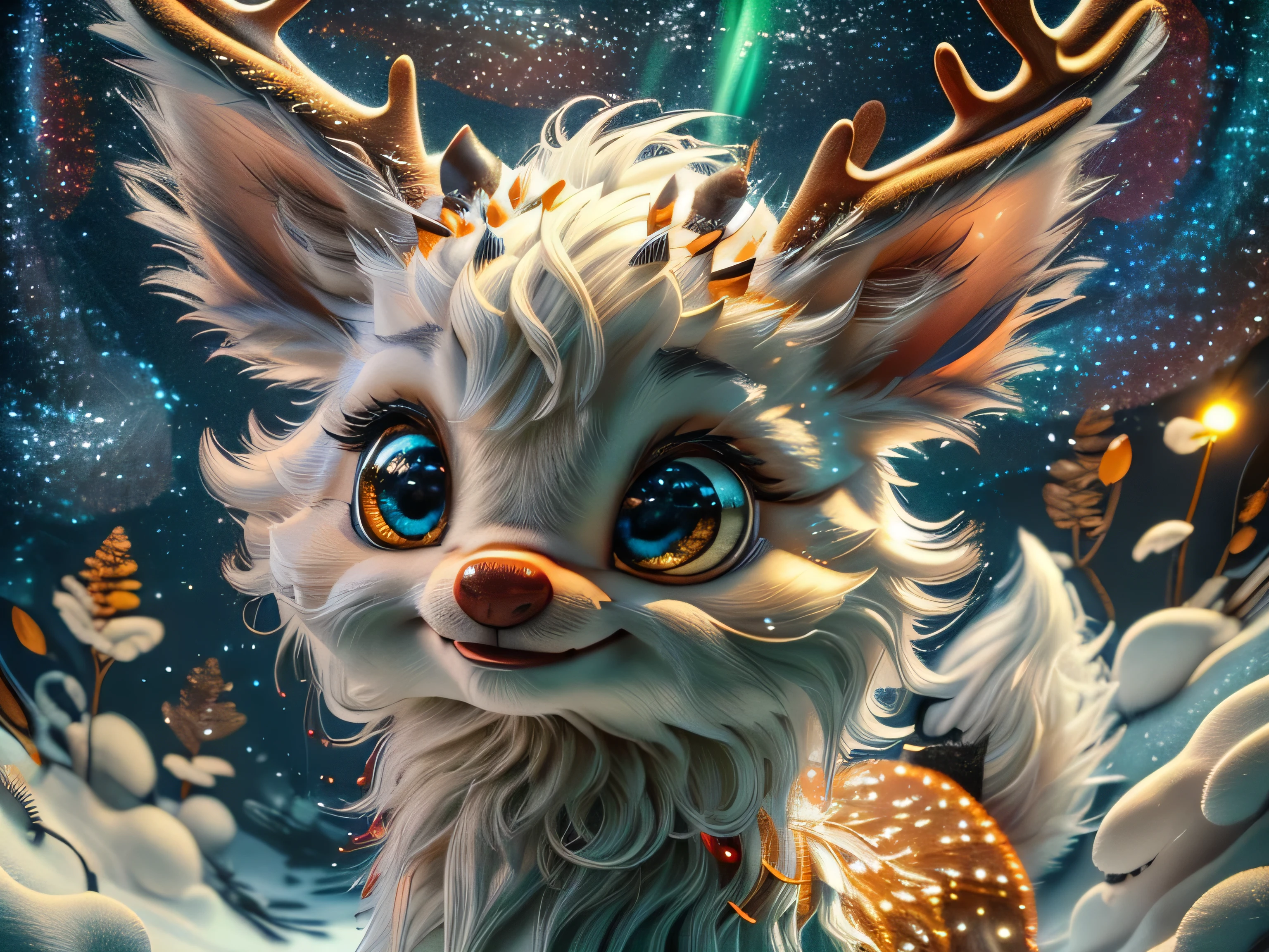 Magical Fantasy Creature, (Best Quality, Masterpiece, Representative Work, Official Art, Professional, Super Detailed, 8k:1.3), (Photorealism:1.2) Super Cute, Big Eyes, Soft, Soft Nose, Fluffy, Double-Toothed Smile, Aurorastyle, Highly detailed Dynamic shot of majestic adorable reindeer, high quality, beautiful masterpiece, fantasy creature, kawaii, digital art, glowing sparkles, Realistic, Beautiful, Stars in Eyes, Soft Volumetric Light, (Backlight:1.3), (Cinematic:1.2), Intricate Details, (ArtStation:1.3), --auto --s2