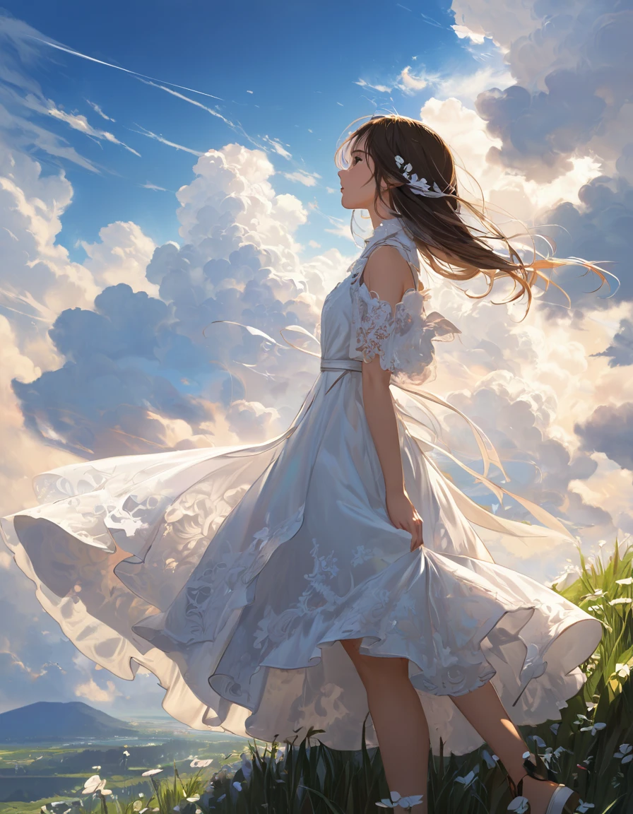 meadow, blue sky, white cumulonimbus, contrails, shining sun, meadow grass swaying in the wind, photo quality, live action, reality, transparency, realistic depiction, 8K quality, UHD, DSLR, high quality, film grain, fujifilm XT3, girl in white camisole dress, standing figure, barefoot, hair swaying in the wind, hair up to shoulders, big, big eyes,