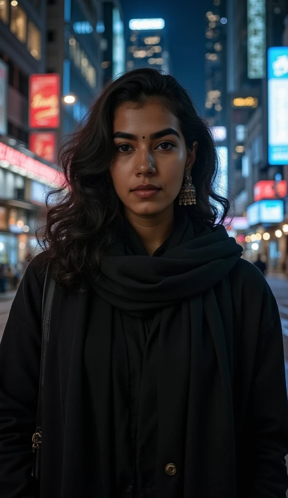 Iranian beautiful girls，Pretty Face，Wearing a dark scarf，Cyberpunk city by night，She was wearing a dark open coat，Black jeans，Dramatic Lighting，photography，4K,Ultra-fine details