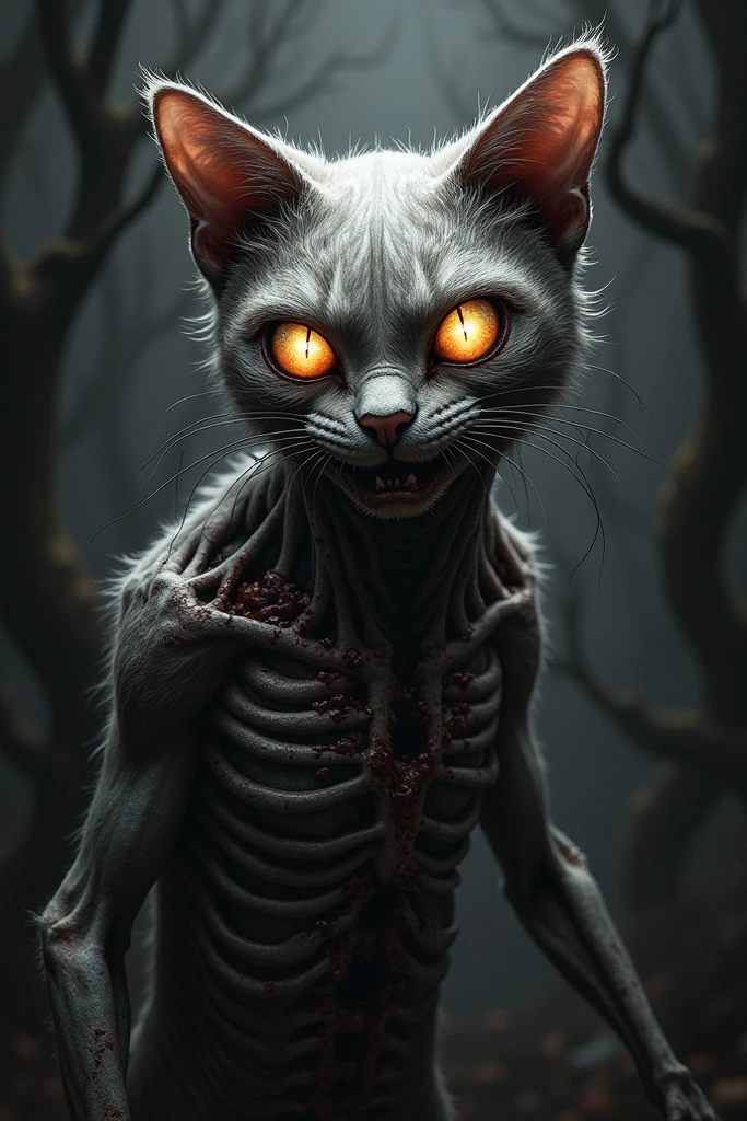(Create an album cover), about a black cat hiding behind its fur, You can see the bones and part of the skin, that is terrifying, anime style