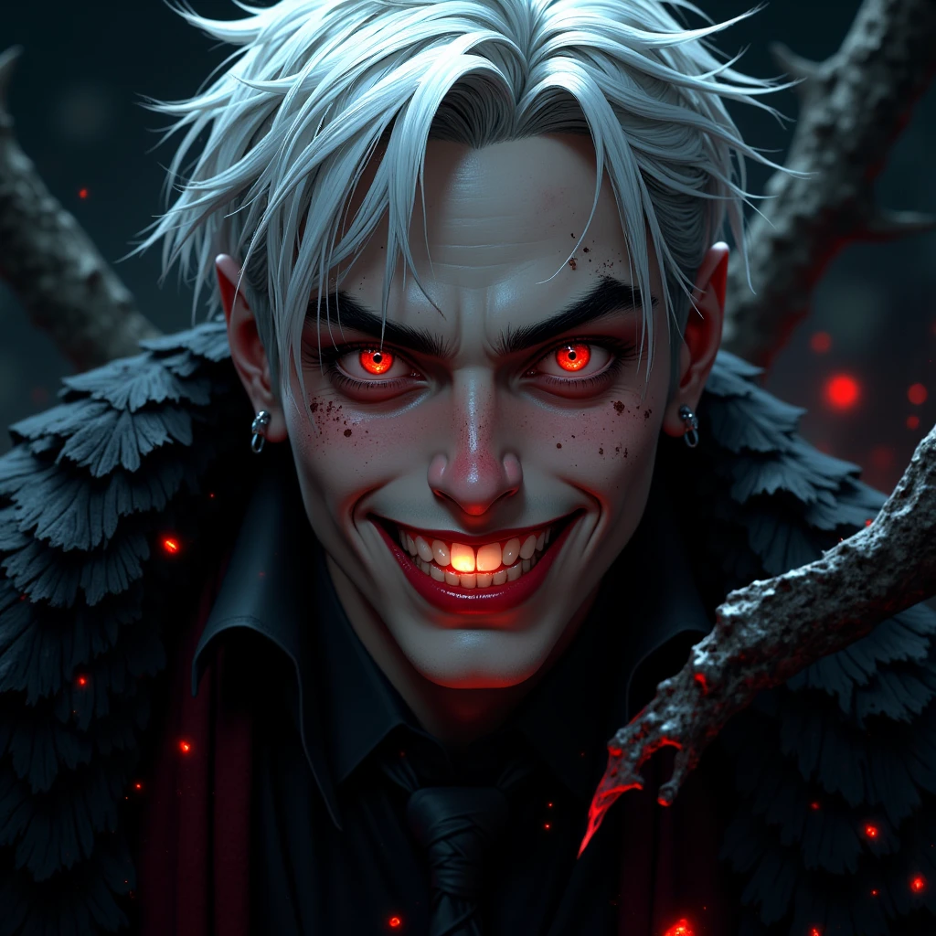 young man 19 years, ((best quality)), ((​masterpiece)), (detailed), (Full body), perfect face, a beautiful and sexy demon, he has white hair and sky blue eyes, his teeth are sharp and pointed. His hands are stained with blood.