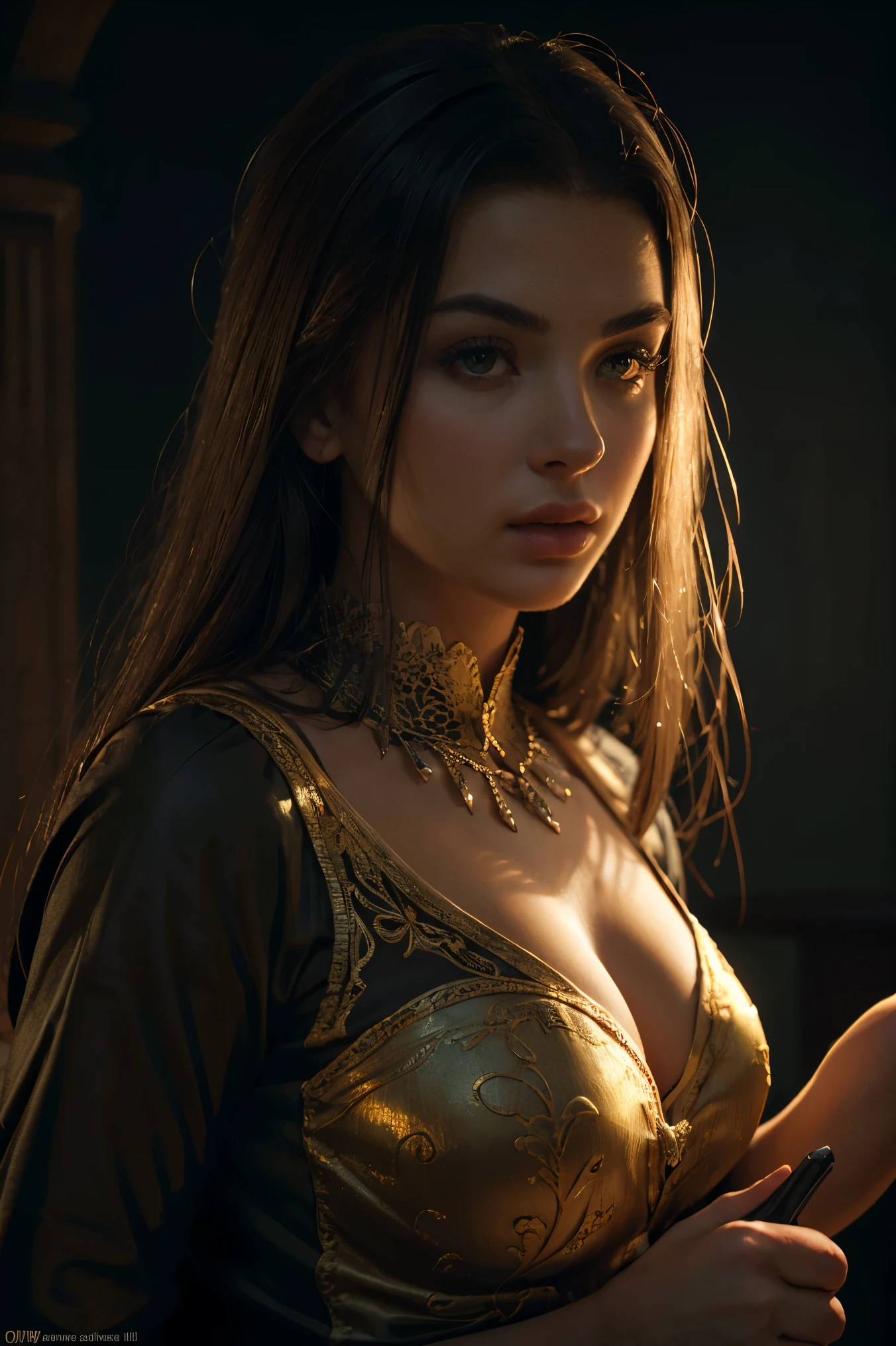 (Masterpiece), Abella Danger, Best Quality, expressive eyes, Perfect face, detailed eyes, dark fantasy, viking clan, viking warrior, neckline, black and gold suit, huge chest snoopy, rude woman, sensual ,