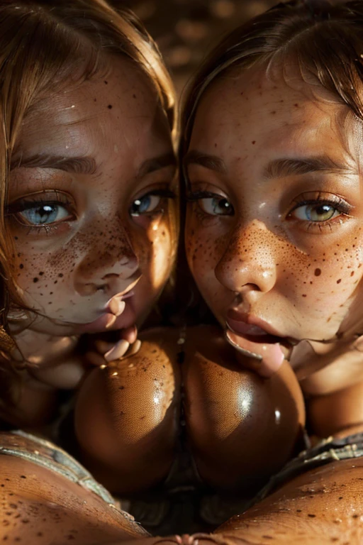 two sweet girls pressing naked breasts together, identical faces, eyes closed, hazel hair, freckles, swimming in mud, beautiful, love, warm lighting