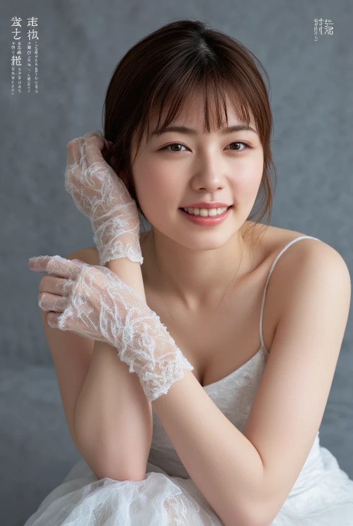 ( realistic , photo- realistic :1.4), (  best quality,  Masterpiece :1.2),  RAW photo ,  is high definition , Exquisite details,  very detailedな,  very detailedなな,  very detailed, delicate details, woman, Alone, (Dress Clothes  :1.5), Necklaces  , gem, Long lace gloves, cute, smile、