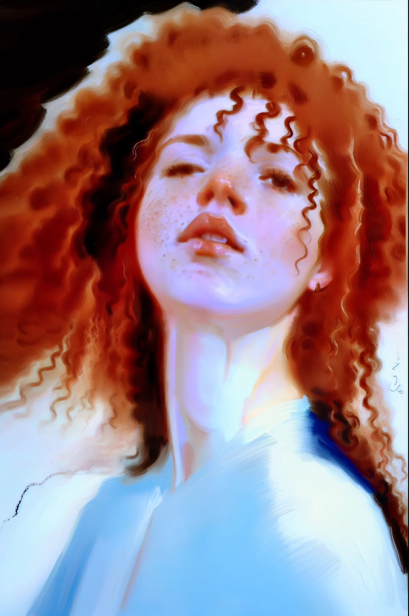 1girlcurlg1ng3r, 1girl, long hair, ginger hair, freckles, curly hair, (masterpiece, best quality:1.2), gouache painting, portrait, illustration, stylized character, delicate nose, Angry expression on her face, soft lighting, dreamlike atmosphere, cinematic composition, drkirirealm style