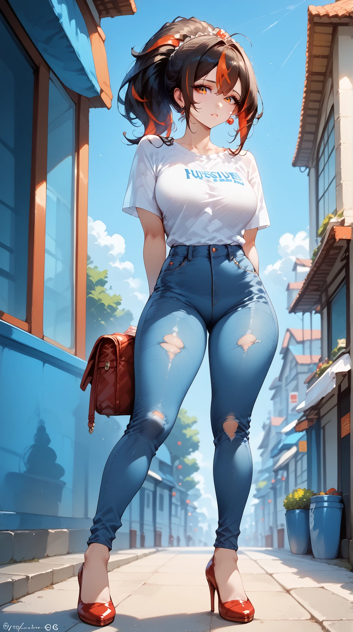 Masterpiece, extremely detailed, high quality,4k,solo,1girl,fullbody,((perfect slim body)),zhuyuan,large breasts, long legs,ponytail streaked hair,beauty eyes,((worried)),arms behind back,looking at viewers,white tshirt,ripped  jeans,high heels,front look,photoshoot pose