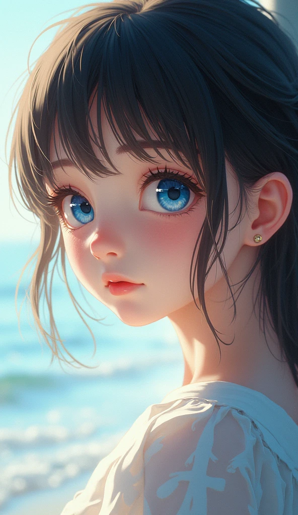 (detailed and realistic portrait of a girl with a clean face), (round eyes and long flutters hair shot outside),staring at camera,magical photography, dramatic lighting, photo realism, ultra-detailed,
intimate portrait composition, (centered image composition),(close up shot:1.6),best quality,f/1. 8, 85mm,
(28years asian woman), black_hair,(black_eyes:1.2),(bangs),makeup,white_dress,
(hazy blue_sky_background)