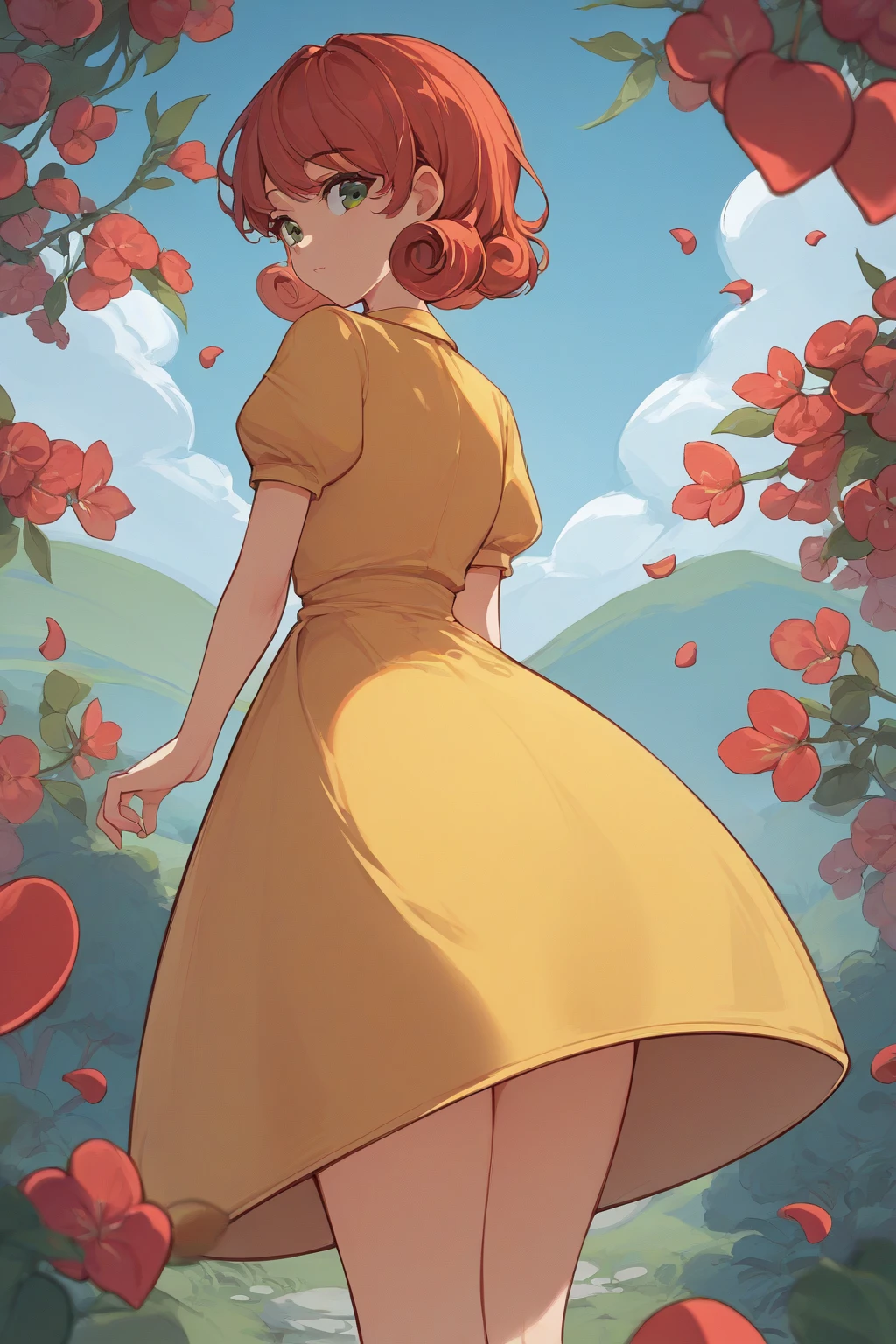 source_anime, score_9, score_8_,  a girl nSpenny Stardew,  green eyes ,  short hair,  red hair , toys,  curly hair, from behind,  yellow dress ,  looking back, spring, cherry petals , Outdoors your ass stands out on the dress.