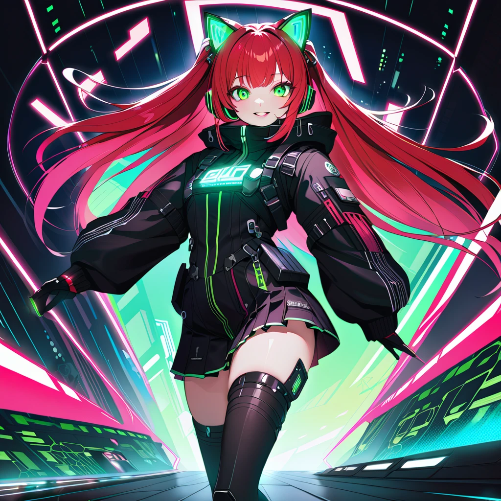 (8K, best quality, master piece:1.2),super high resolution,cyberpunk,1 android girl,solo,14yo,ultra-detailed face,ultra-detailed eyes,brown eyes,long hair,straight hair,red hair,cat ear headphones,(cyberpunk,lolita fashion:1.2),thigh high boots,fullbody,Dynamic Pose,grin,chestnut mouth,Green neon lights,through from Electronic Billboard,in the air