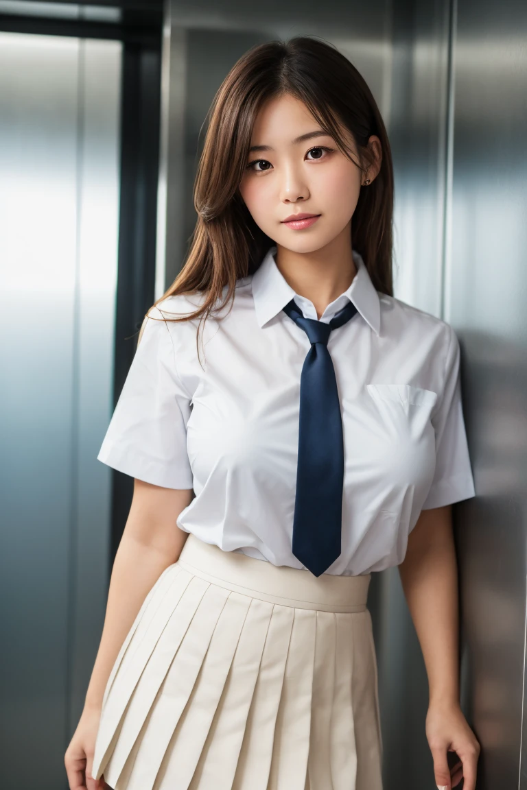 8K, Top Quality, Real Image, Complex Detail, Ultra Detail, Ultra High Definition, Depth Field,(Photorealistic,Real:1.2),Masterpiece, 0.25 :: Close Up , Straight On Shot , Middle Out ,
One girl, ai_chan, very beautiful 17-year-old girl, innocent big eyes, (Brown_SHORT_hair), (GREEN_eyes: 1.0), (bangs), disheveled hair, (hair clip), perfect shiny skin, perfect skin, fair skin, medium breasts, slender, cleavage, thin waist, light blush, solo, looking at the viewer, light smile,
wear ((school_uniform), (white_skirt), (BLUE_Long_Tie), (BLUE_pleated_skirt), (Black_pantyhose): 1.2),
(Gravure Pose: 1.1),
sunset
Japan High School ,Full Body